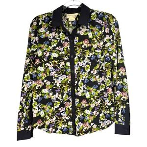 Anthro Coincidence & Chance Floral Blouse S Button Front Contrast Collar Pockets